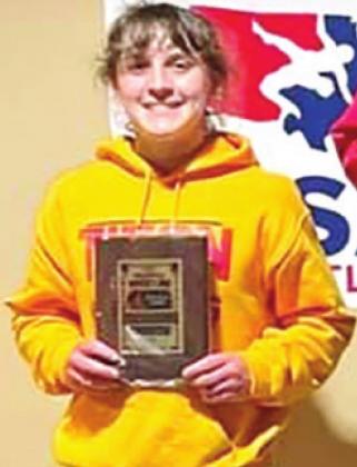 Lady Titan, Emily Welch, placed fourth in the High School Girls 127-134 weight class at the USAWKS 2021 State Folkstyle Wrestling Championship in Mulvane, Saturday. Courtesy Photo.